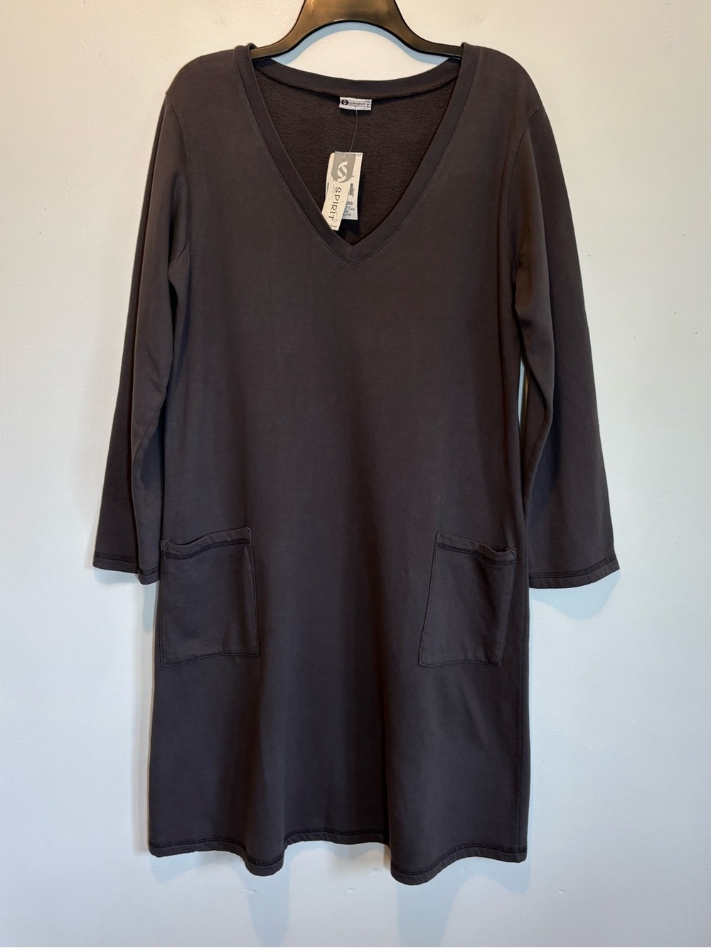 Activewear Fleece V-Neck Sweatshirt Dress Large Cozy Gray Cotton NWT